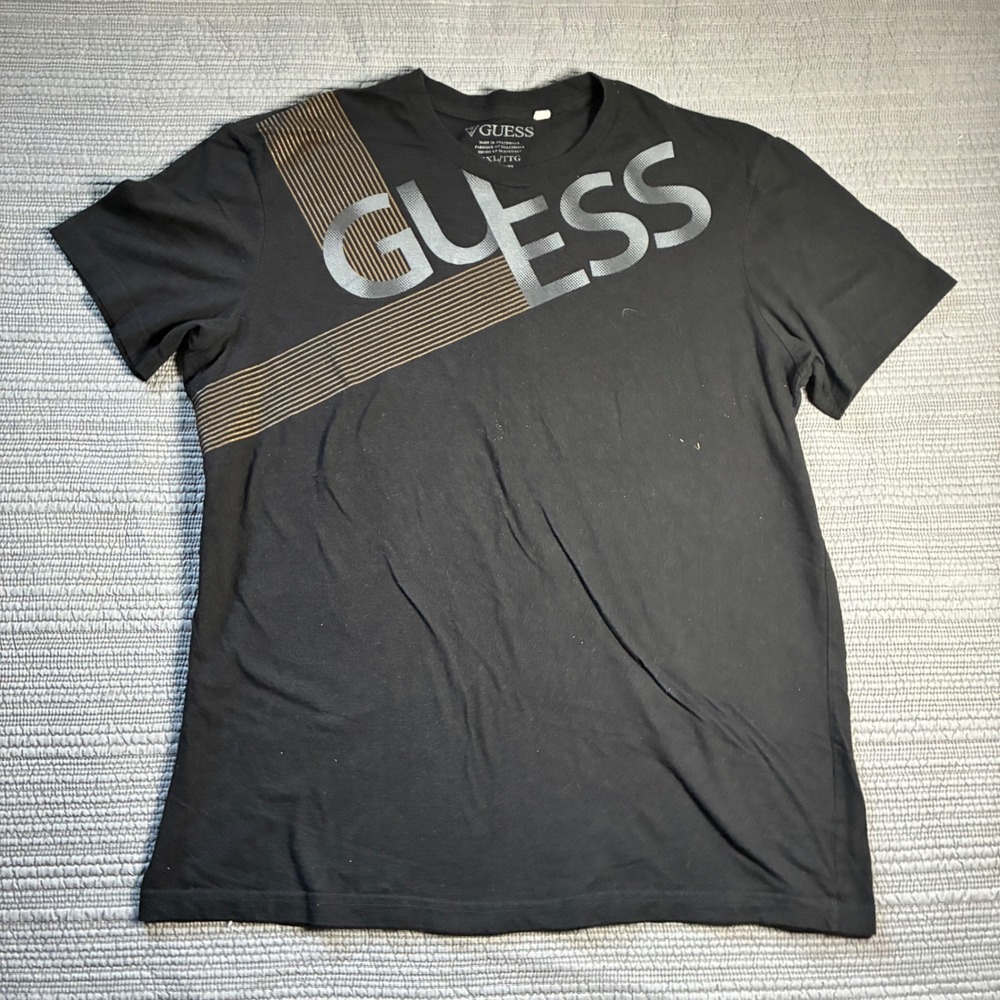 Guess Mens XXL Black T-Shirt Graphic Logo Gold Stripe Short Sleeve Cotton Tee